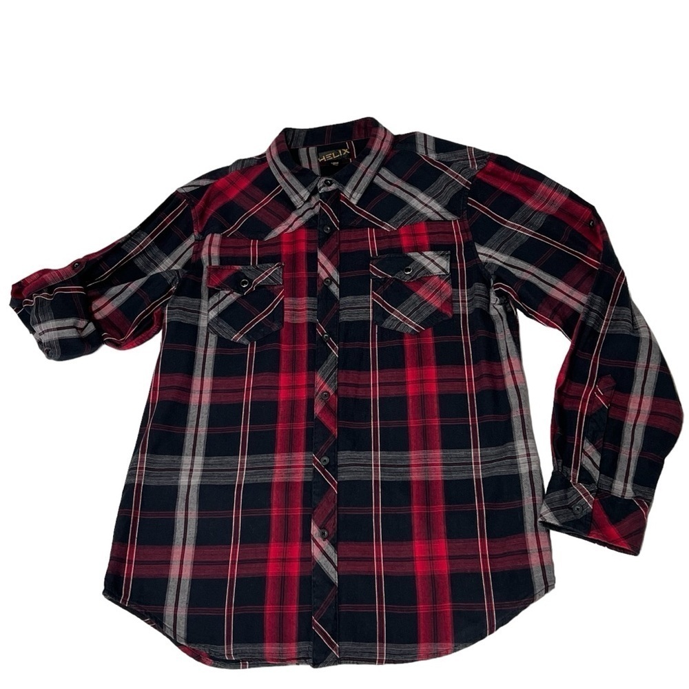HELIX Western Red Black Plaid Long Sleeve Button Down Men's Shirt Size L - Picture 2 of 16